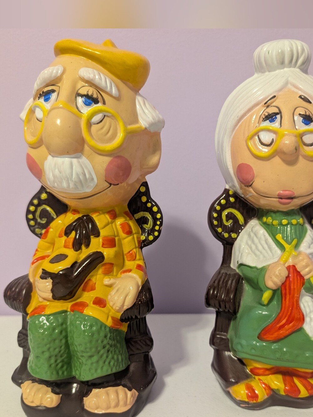 Vintage Blow Mold Grandma And Grandpa In Rocking Chairs Piggy Bank Knitting